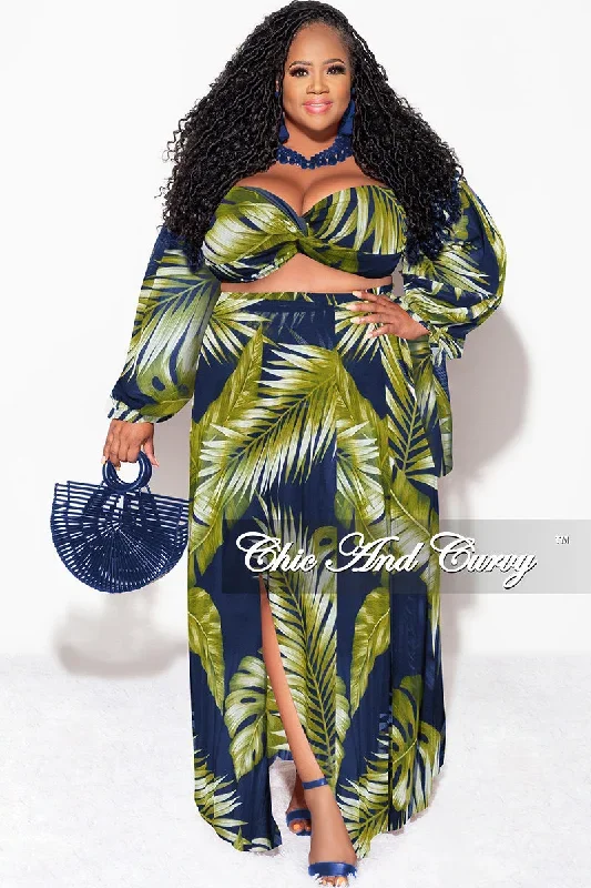 Final Sale Plus Size 3pc Playsuit Set in Navy with Olive Tropical Palm Print