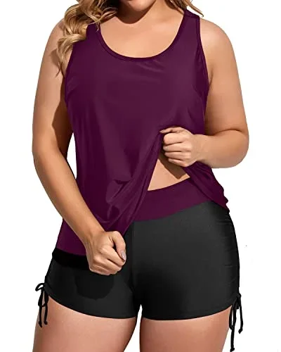 Sporty Plus Size Tankini Swimsuits With Great Tummy Control-Maroon Leaf