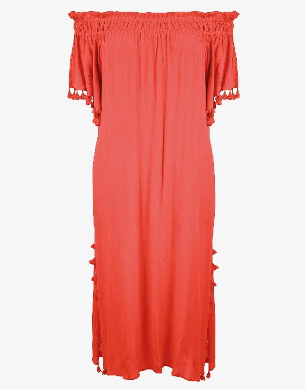 Beachwear Off the Shoulder Dress - Fiery Coral