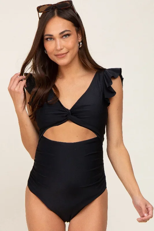 Black Cutout Flutter One Piece Maternity Swimsuit