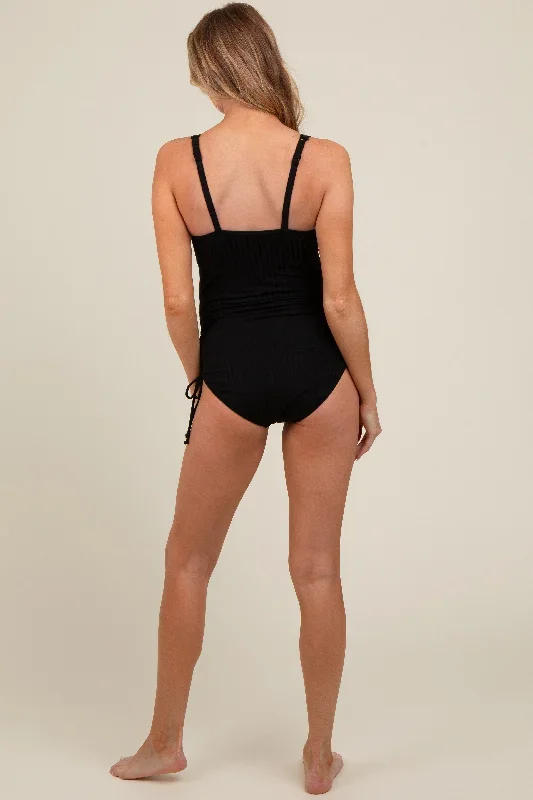 black-ribbed-side-tie-maternity-one-piece-swimsuit