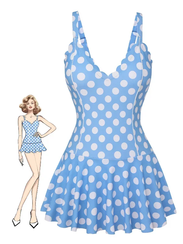 [Pre-Sale] Blue 1960s Polka Dot Petal Neck Swimsuit