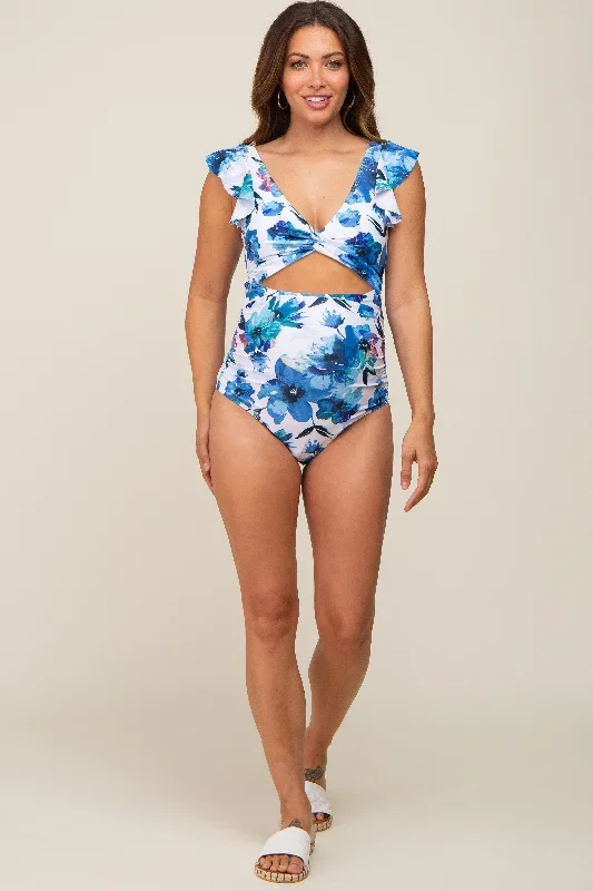 blue-floral-cutout-flutter-one-piece-maternity-swimsuit