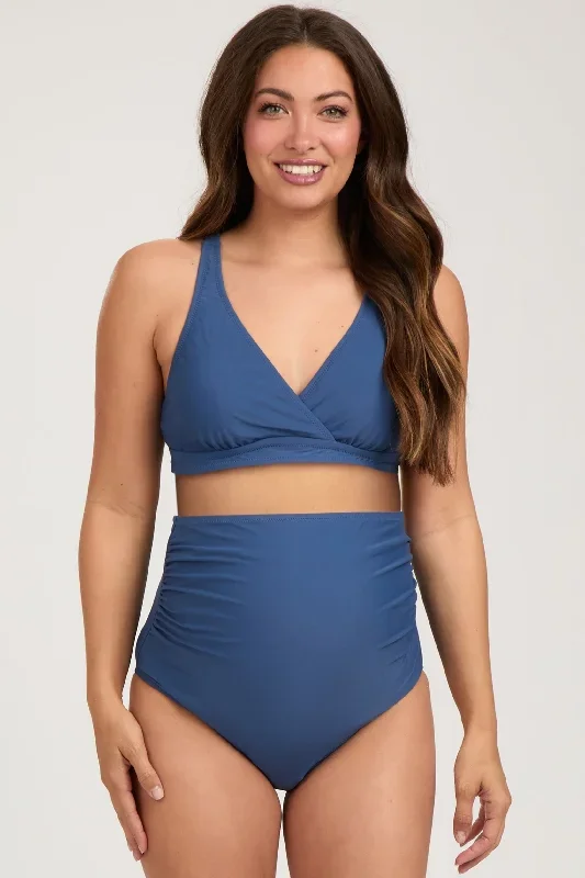 Blue High Waist Maternity Bikini Set