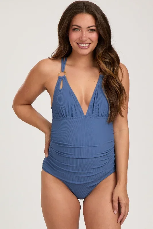 Blue Ribbed V-Neck Ruched Criss Cross Low Back Maternity One Piece Swimsuit