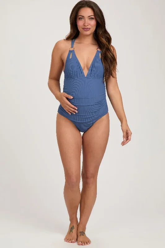 blue-ribbed-v-neck-ruched-criss-cross-low-back-maternity-one-piece-swimsuit