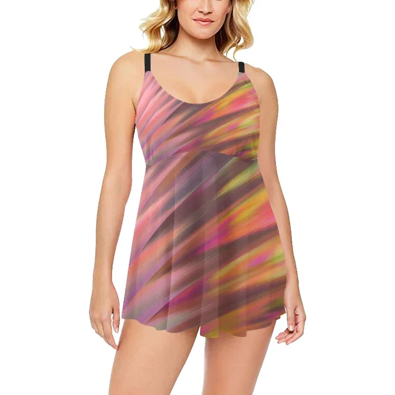 Color Blast Chest Pleat Swim Dress