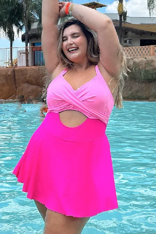 HN Pink Plus Size Hollowed-out Swim Dress with Attached Briefs Padded Swimwear