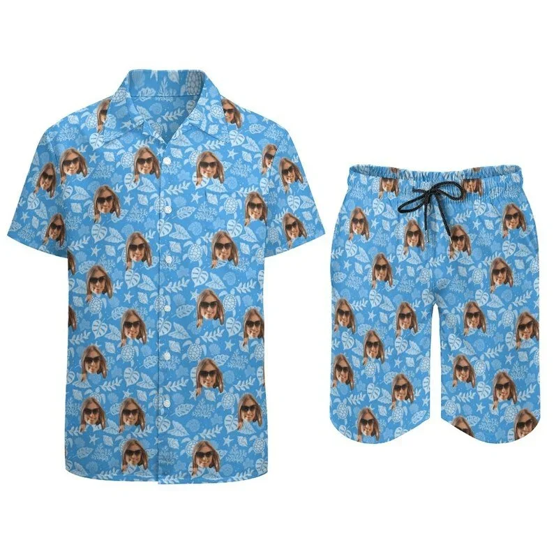 couple-hawaiian-dress-set-cruise-outfit-custom-face-blue-ocean-hawaiian-shirt-set-dress