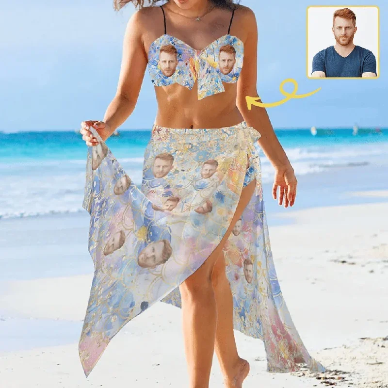 Custom Face Colorful Bikini&Cover Up Set Women's Chest Bow Bikini Long Cover Up Skirt With Slit