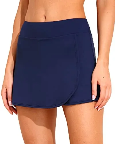 Drawstring Swim Skirt High Waisted Swimsuit Bottoms for Women with Built-in Brief