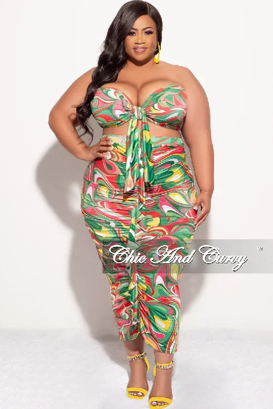 Final Sale Plus Size 2pc Tube Top and Ruffle Skirt Set in Green Multi Color Print