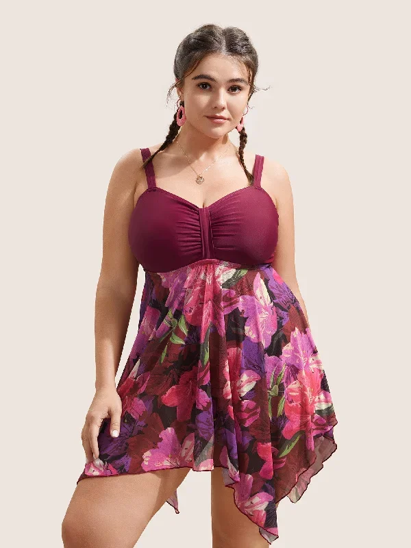 Floral Patchwork Tummy Control Ruched Swim Dress