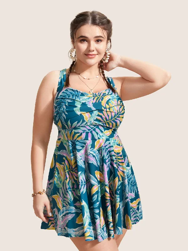 Heart Neckline Tropical Print Twist Front Swim Dress