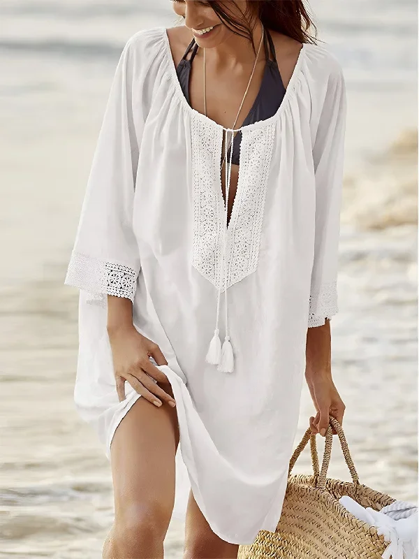 Sunset Vacation Lace Detail Tie Neck Three-Quarter Sleeve Cover Up