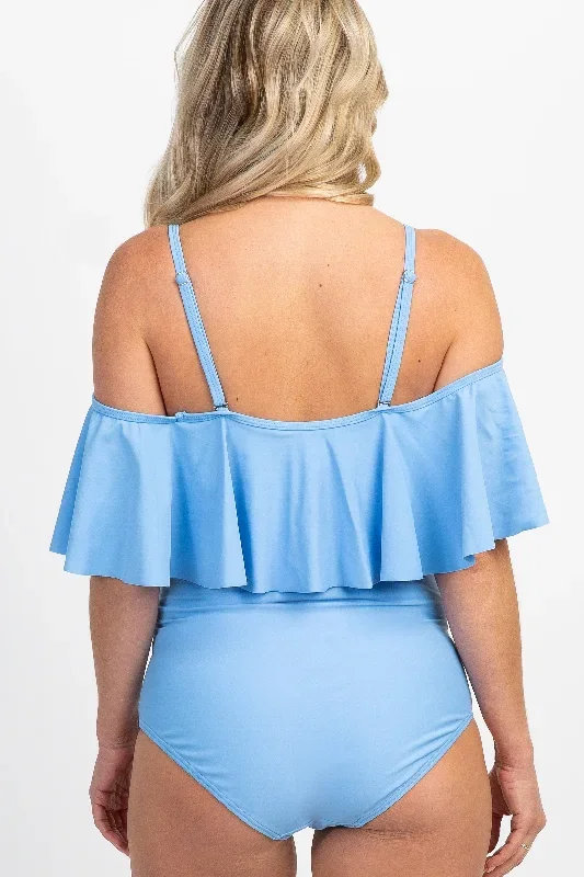 light-blue-ruffle-trim-ruched-one-piece-maternity-swimsuit