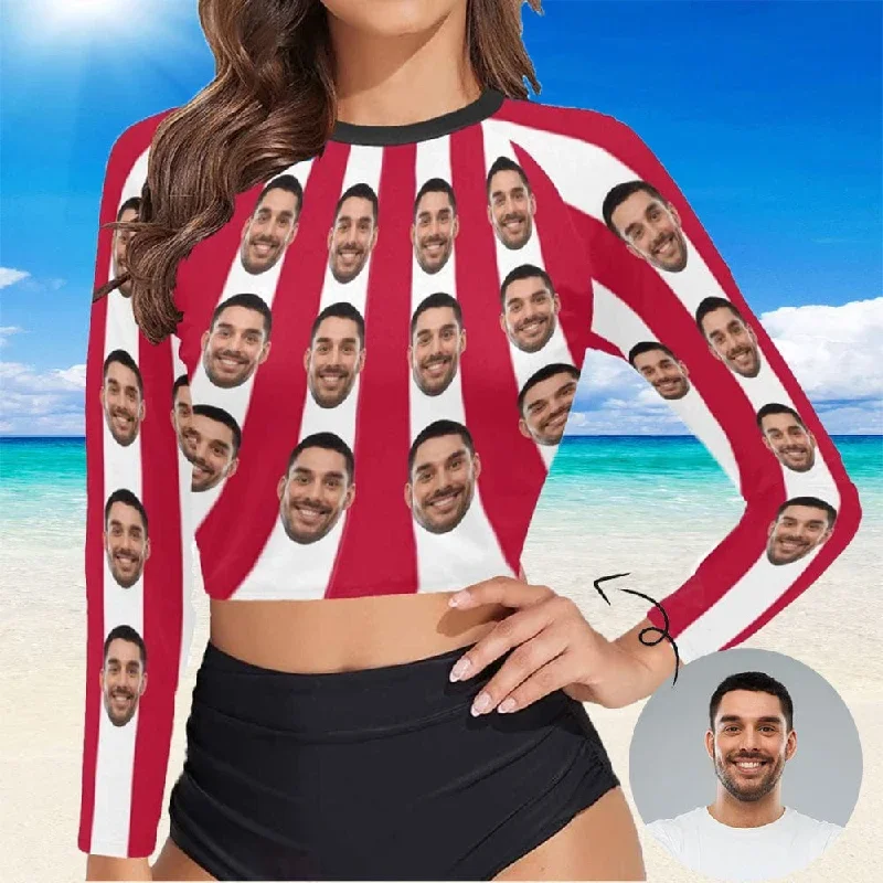 long-sleeve-tankini-bikini-top-custom-face-red-white-strips-long-sleeve-swimwear-top-beach-surf-sunscreen-fashion-cropped-top