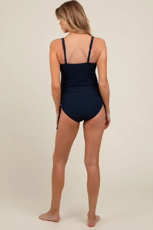 navy-ribbed-side-tie-maternity-one-piece-swimsuit