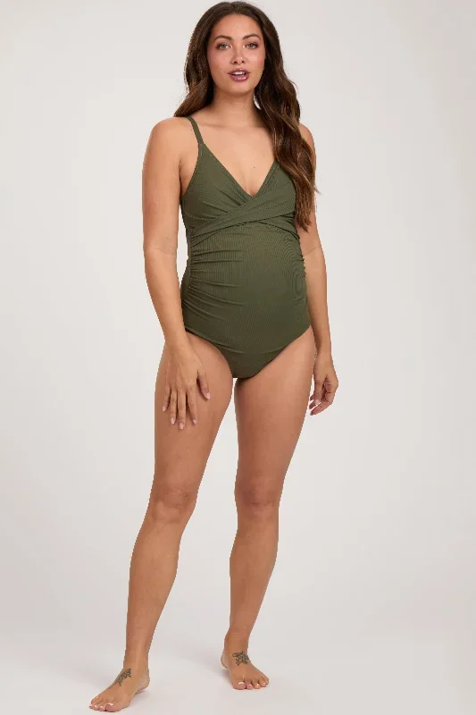 olive-ribbed-v-neck-ruched-back-cut-out-one-piece-maternity-swimsuit