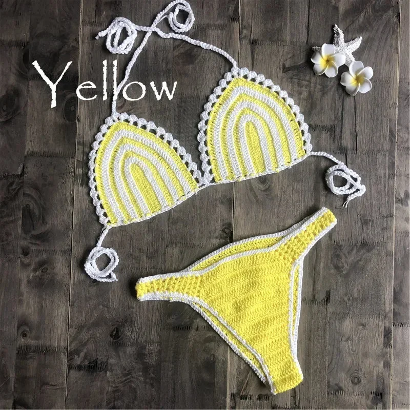 Paradise Perfection Crochet Triangle Bikini Yellow Set