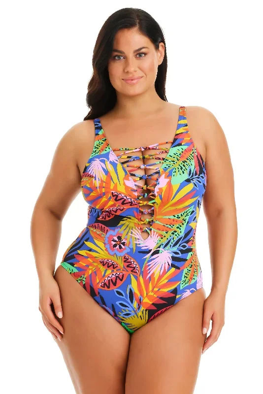 Night Safari Plunge Lace Down One Piece Swimsuit Plus