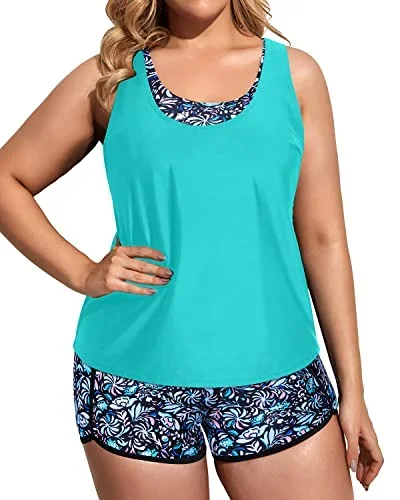 Sporty Plus Size Tankini Swimsuits With Adjustable Straps For Women-Blue Fower