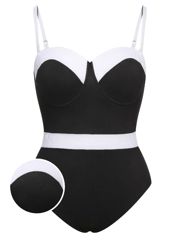 [Plus Size] Black & White 1950s Patchwork Strap Swimsuit