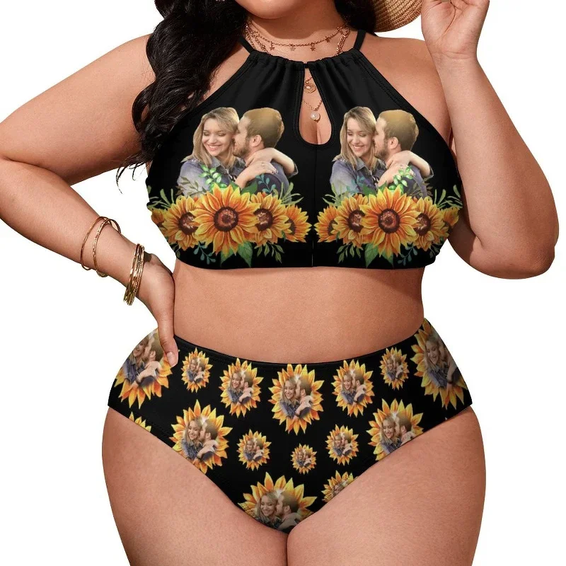 plus-size-halter-bikini-custom-photo-black-sunflower-plus-size-swimsuit-high-neck-cutout-high-waisted-bikini-personalized-womens-two-piece-swimsuit-beach-outfits