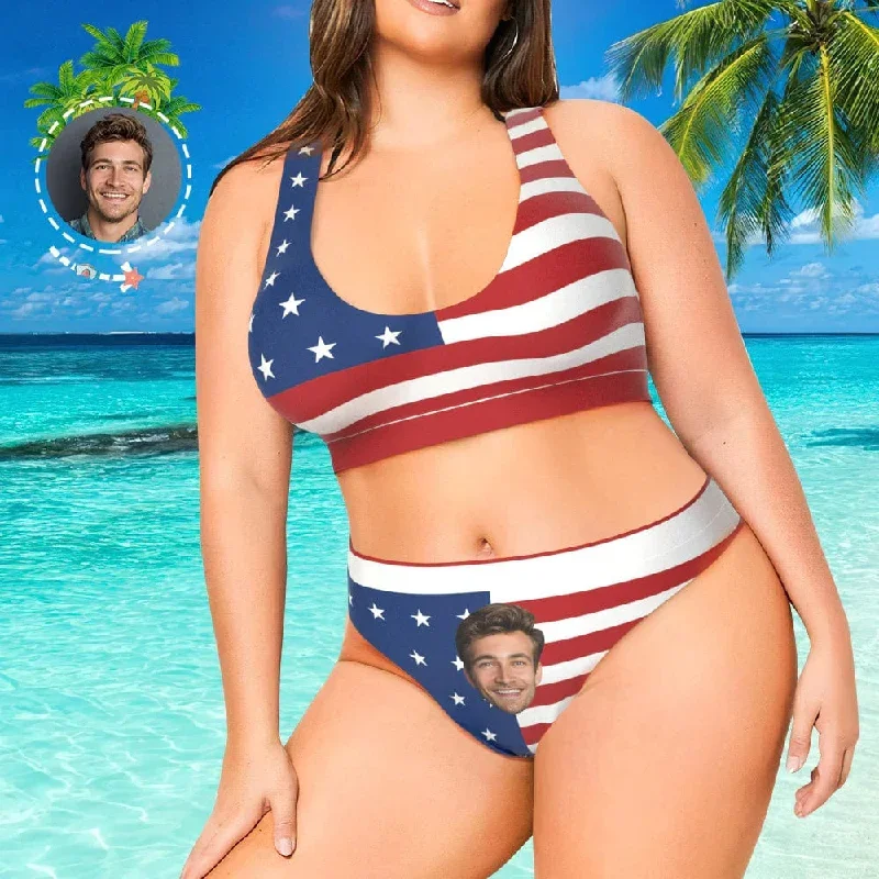 #Plus Size Sport Bikini-Custom Face American Flag Plus Size Swimsuit Scoop Neck Sport Top High Waisted Bikini Plus Size Swimwear Personalized Women's Two Piece Swimsuit Beach Outfits