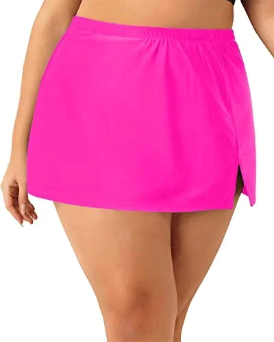 Plus Size Swim Skirt With Built In Brief Bottoms For Women-Neon Pink