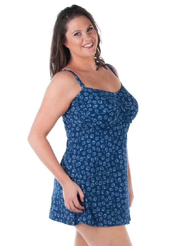 Plus Size Swimdress Shell Print Twisted Front with Padded Bra C-E