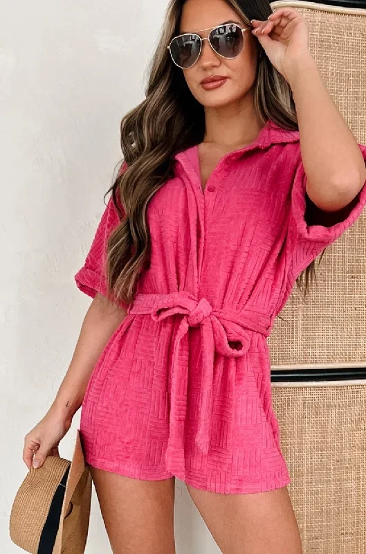 Praying For Sunshine Belted Terry Cloth Romper (Hot Pink)