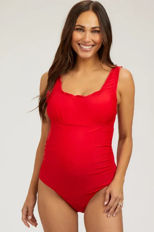 Red Ruched Scalloped Maternity One Piece Swimsuit