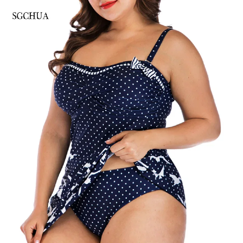 SGCHUA 2020 Blue Print Dot Bird Separate Swimsuit Women Bow Plus Size 5XL Two Piece Swimwear with Skirt Fat Beach Bathing Suit