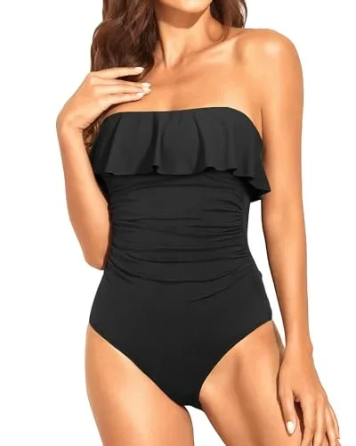 Strapless One Piece Swimsuits for Women Tummy Control Bandeau Bathing Suits Ruffle Slimming Swimwear