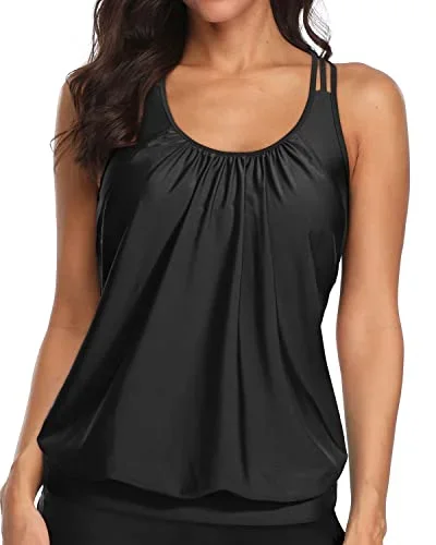 T Back Padded Push Up Bra Blouson Tankini Top Swimsuits For Women-Black