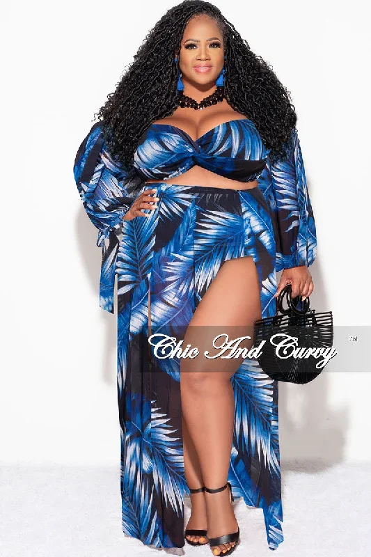 Final Sale Plus Size 3pc Playsuit Set in Royal Blue Tropical Palm Print