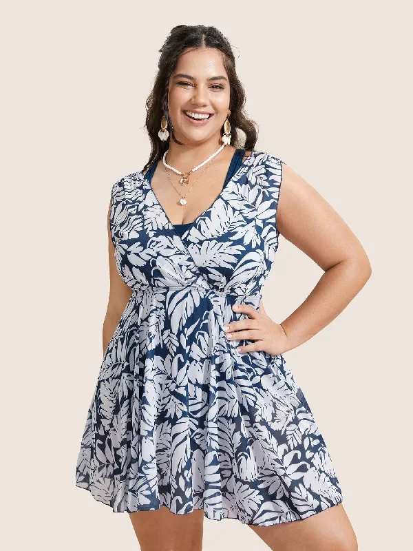 Tropical Print V Neck Sleeveless Swim Dress