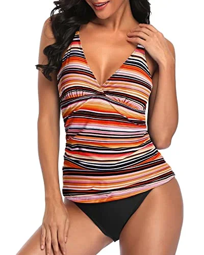 Tummy Control Two Piece Tankini Set Swimsuits for Women V Neck Bathing Suits