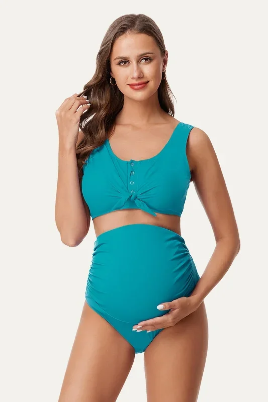 Two-Piece Ribbed Front Knot Maternity Swimsuit