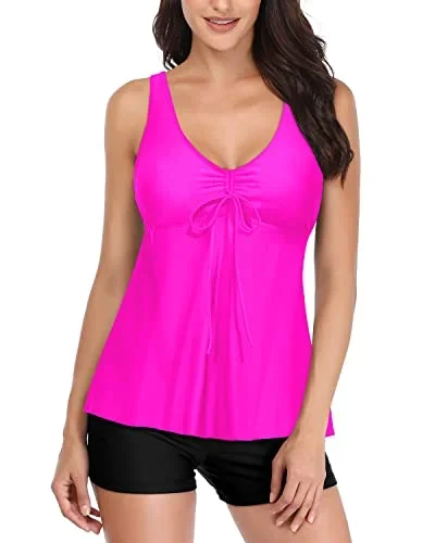 Long Torso Tankini Top With Knot & Drawstring Tank Top With Boy Shorts-Hot Pink