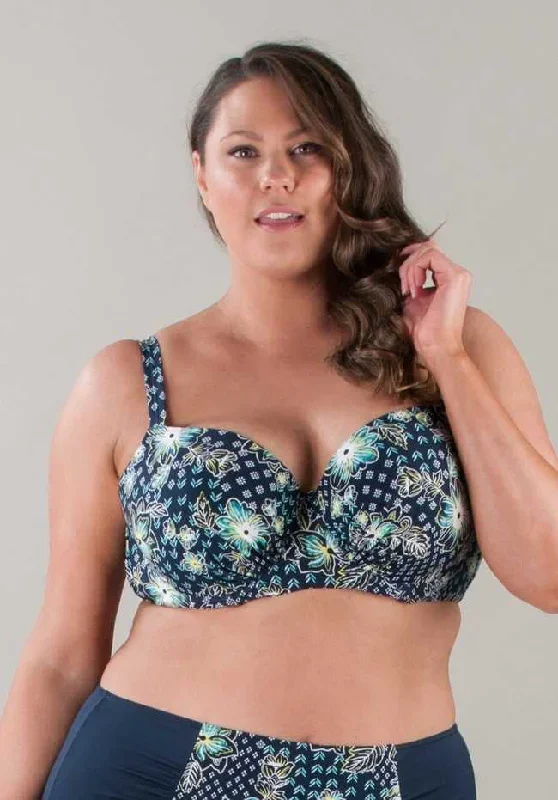 Plus Size Underwear Swim Bra Padded Cup Blue Sea Print DD to E