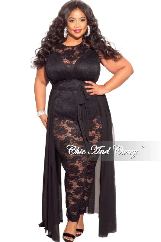 Final Sale Plus Size Mesh Train Lace Jumpsuit in Black