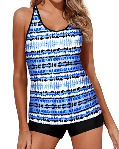 Tummy Control Tankini Swimsuits Boy Shorts-Blue Tribal