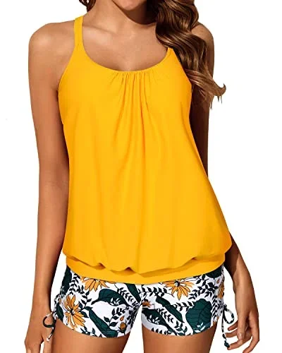 Loose Fit Criss Cross Swimwear Tankini Swimsuits Full Coverage Boy Shorts-Yellow Floral