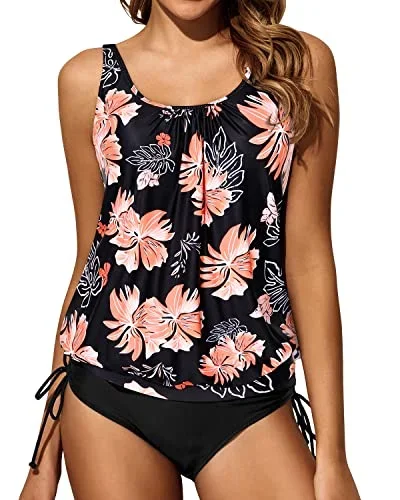 Loose Tankini Top With Shorts For Women Tummy Control Two Piece Swimsuits-Black Orange Floral