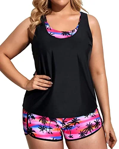 3 Piece Plus Size Tankini Swimsuits Tummy Control Effect For Women-Black Palm Tree