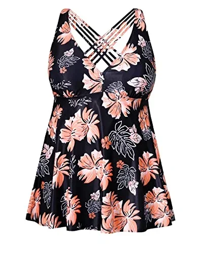 Plus Size V Neck Tankini Top Criss Cross Strappy Back Bathing Suit Top-Black Orange Floral