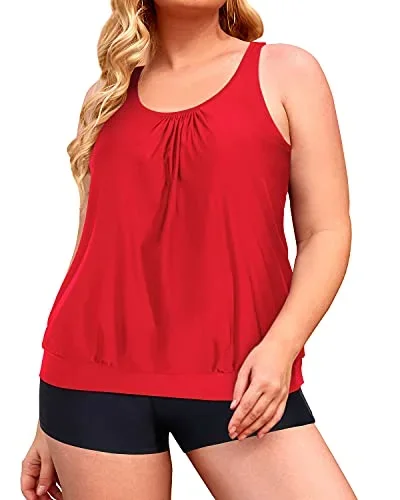 High Waisted Boyshort Tankini Tops Swim Shorts For Women-Neon Red