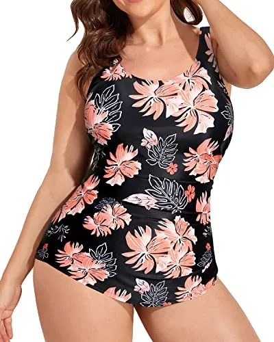 Backless Plus Size One Piece Bathing Suit For Women-Black Orange Floral